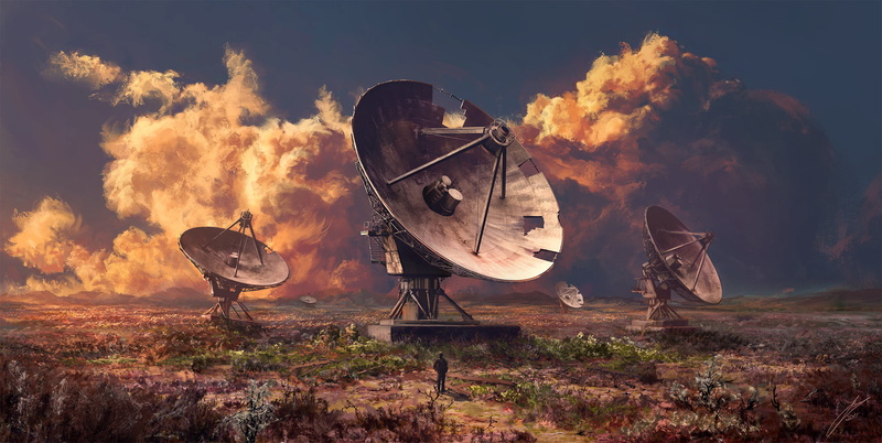 ruins, digital art, 2K, Julian Bauer, satellite dish, clouds