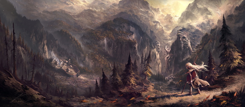 mountains, surreal, Julian Bauer, 1080P, forest, village, fantasy art, digital art, trees