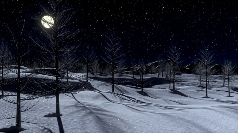 snow, night, frost, moonlight, winter, shadows, rendering, the moon, silence, picture, 1080P