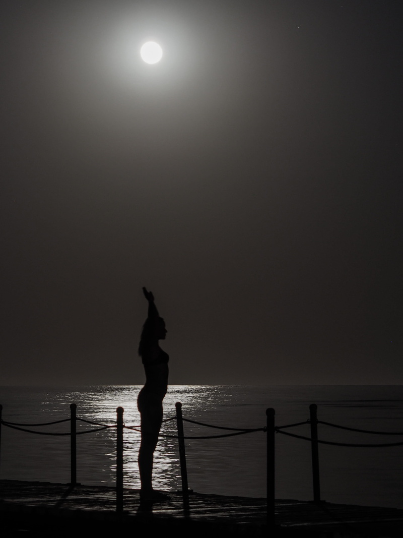 horizon over water, railing, Moon, moonlight, outdoors, arms raised, sea, Photograph, sunset, 2K, water, beauty in nature, sky, one person, lifestyles