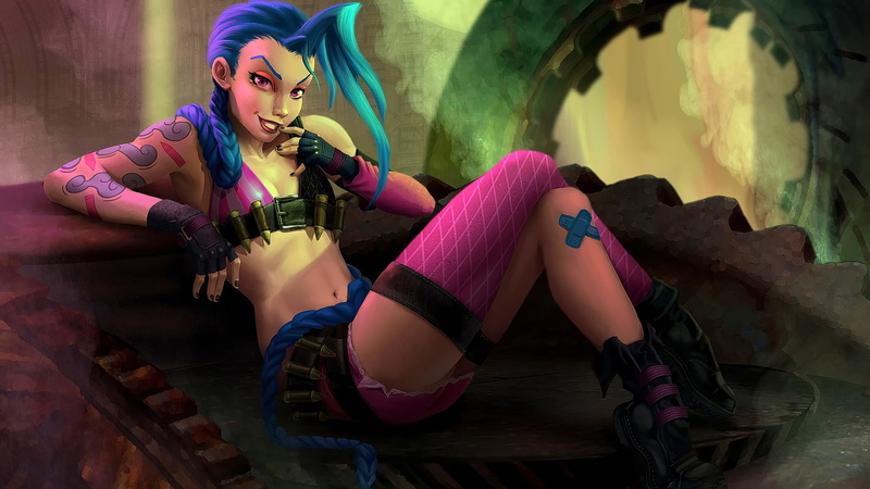 sitting, leisure activity, adult, full length, League of Legends, beauty, lifestyles, dyed hair, Jinx (League of Legends), real people, young adult, hairstyle