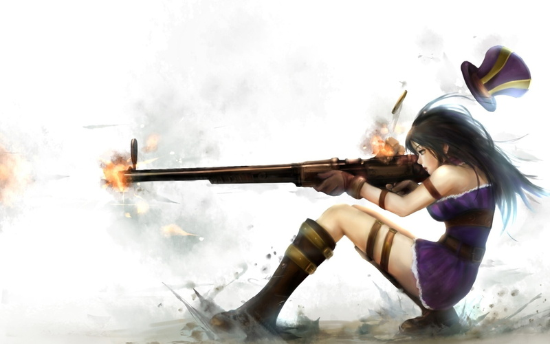 activity, lifestyles, sitting, weapon, hairstyle, side view, caitlyn, one person, gun, girl, nature, legends, arts culture and entertainment, league, real people