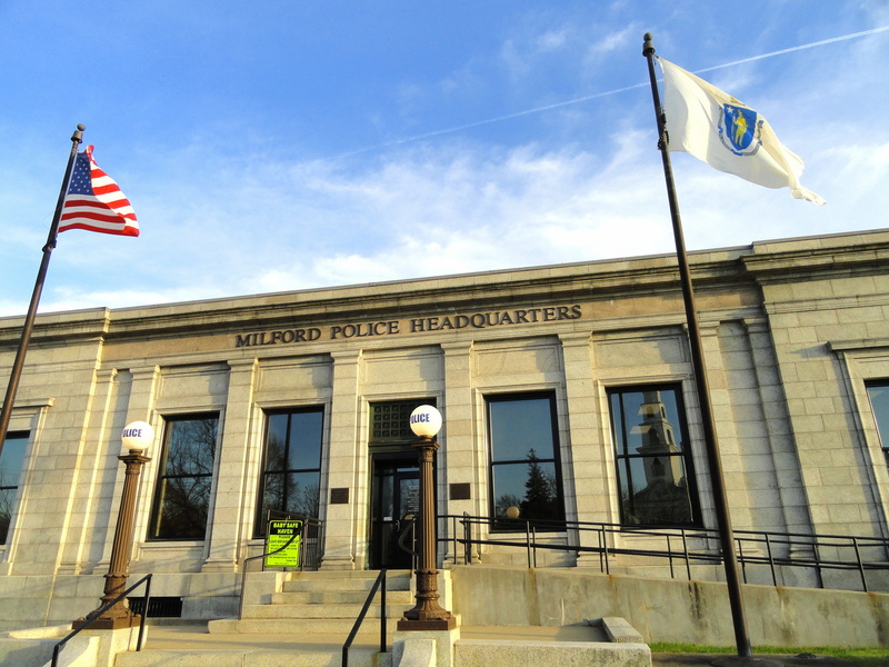 police station, flag, building, building exterior, clouds, emotion, pride, outdoors, headquters, government, architecture, 4K, milford, milpord, nature