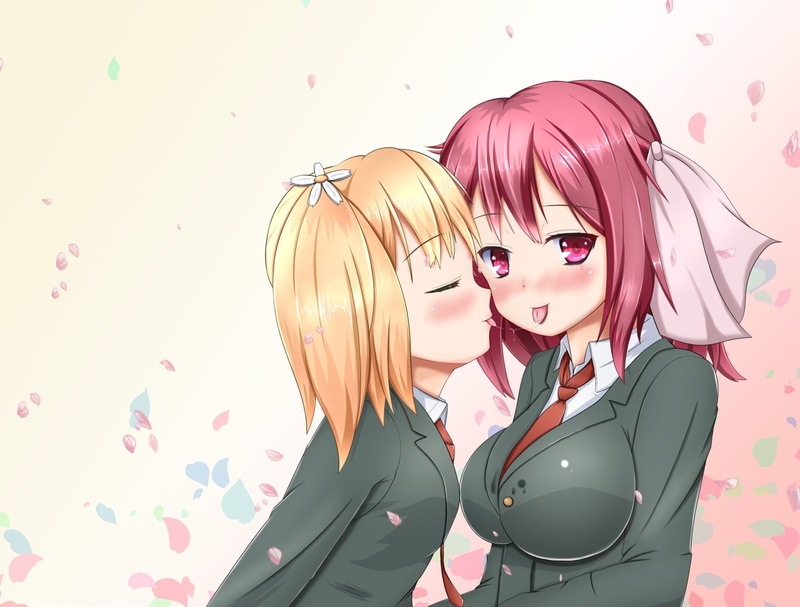 yuu, yuri, blonde, trick, takayama, girls, petals, red, kiss, aneten, sakura, hair, sonoda, 720P, haruka, tie