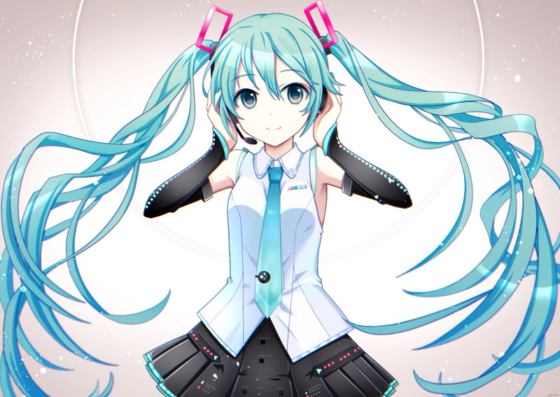 Hatsune Miku, aqua hair, headphones, skirt, 720P, anime girls, tie, twintails
