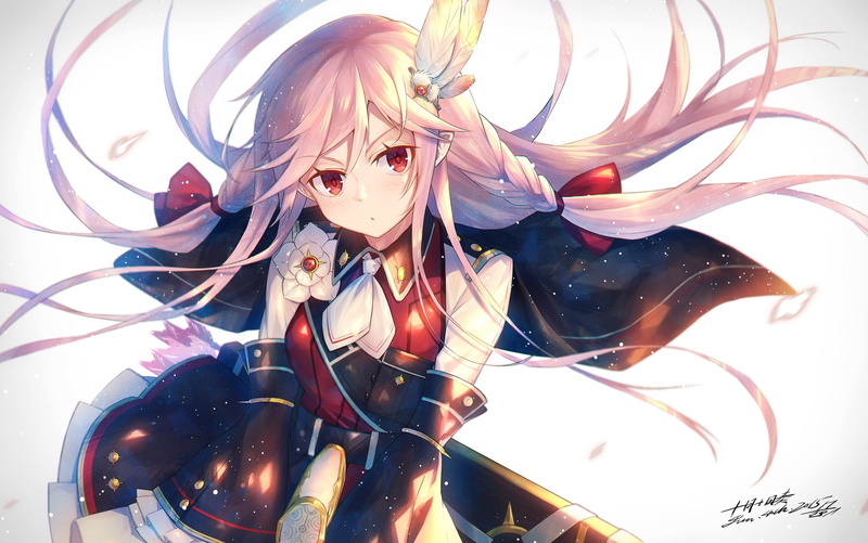 tie, anime, anime girls, feathers, red eyes, ribbon, original characters, long hair, 1080P, simple background, braids