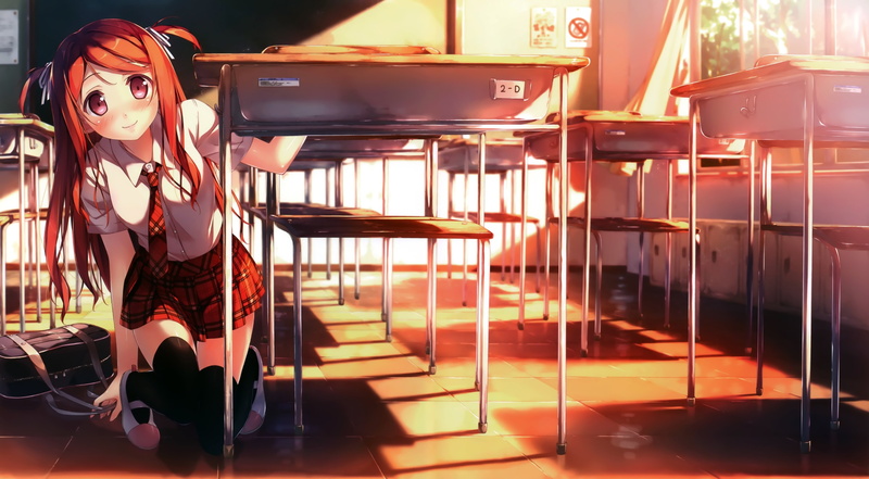 blushing, original characters, redhead, schoolgirl, red eyes, anime girls, school uniform, tie, classroom, long hair, hair ornament, black board, chair