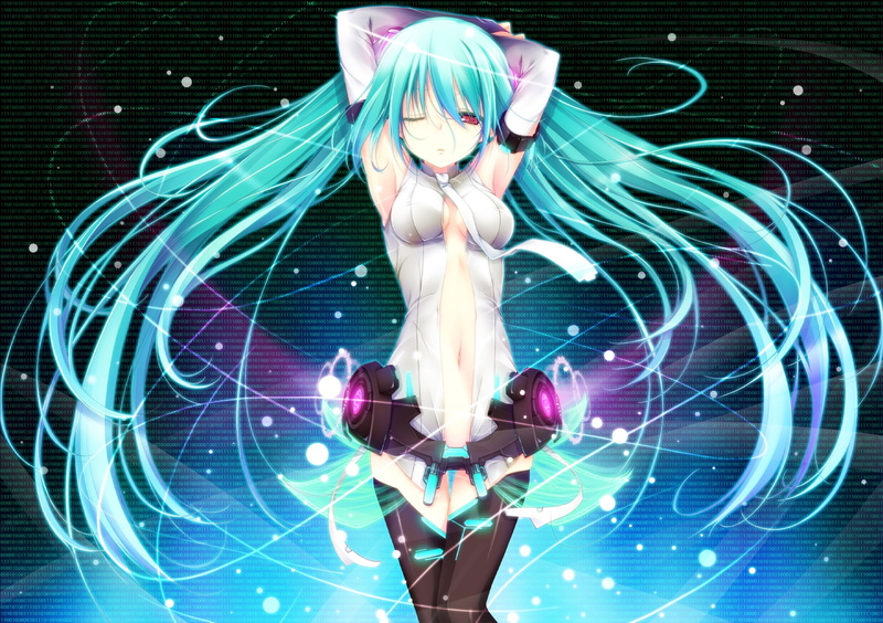 vocaloid, thigh, fireflies, wink, append, raised, hatsune, navel, 1080P, numbers, arms, bare, long, miku, cleavage, ornaments, highs, red, detached, shoulders