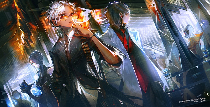 black, cigarette, panamaman, tie, white, short, eyes, hair, original, red, 1080P, glasses