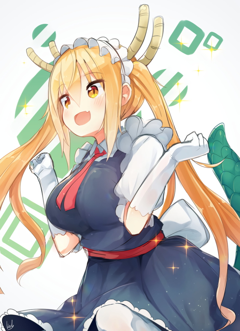Kobayashi-san Chi no Maid Dragon, long hair, Tohru (Kobayashi-san Chi no Maid Dragon), 1080P, red tie, twintails, tail, blonde, white background, blond hair
