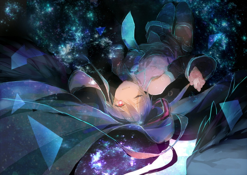 neckties, floating, space, long hair, Hatsune Miku, thigh-highs, 2K, anime girls, Vocaloid, red eyes, anime