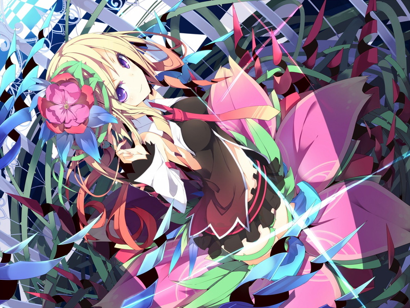 design, floral pattern, anime girls, neckties, full frame, abundance, flower in hair, purple eyes, high angle view, paper, 1080P, outdoors, backgrounds
