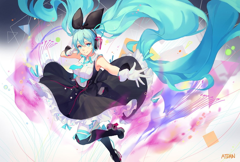 gloves, high angle view, Hatsune Miku, dress, real people, headband, representation, fun, Vocaloid, one person, multi colored, pink color, leisure activity