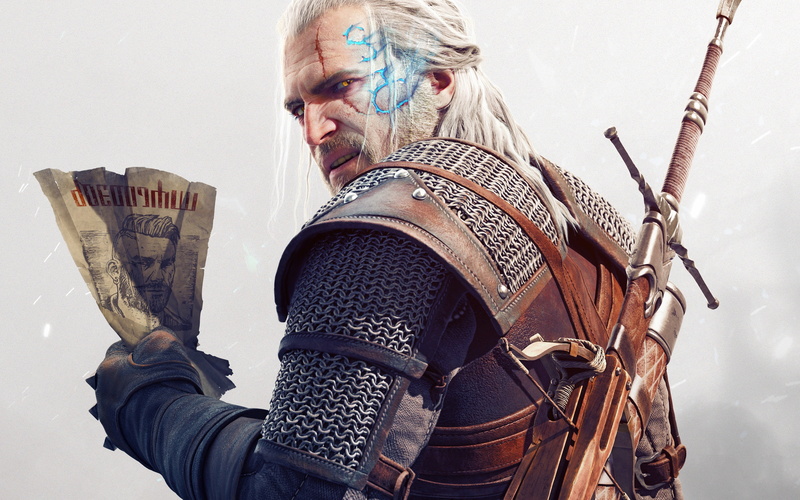 holding, Hunt, poster, 4K, warrior, men, weapon, Dark, fantasy, beard, one person, suit of armor, facial hair, portrait, hairstyle, white hair, Fighting