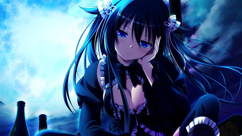 night, looking at camera, anime, leisure activity, black hair, long hair, Moon, day, hairstyle, young adult, real people, hair, nature, Gensou no Idea