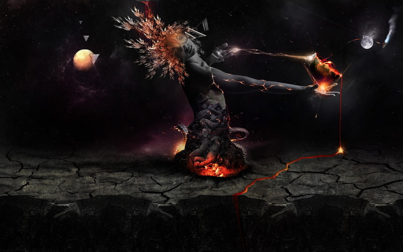 fire, woman, 2K, planet, artwork, destruction, earth, girl, fantasy, darkness, 3d and abstract, universe