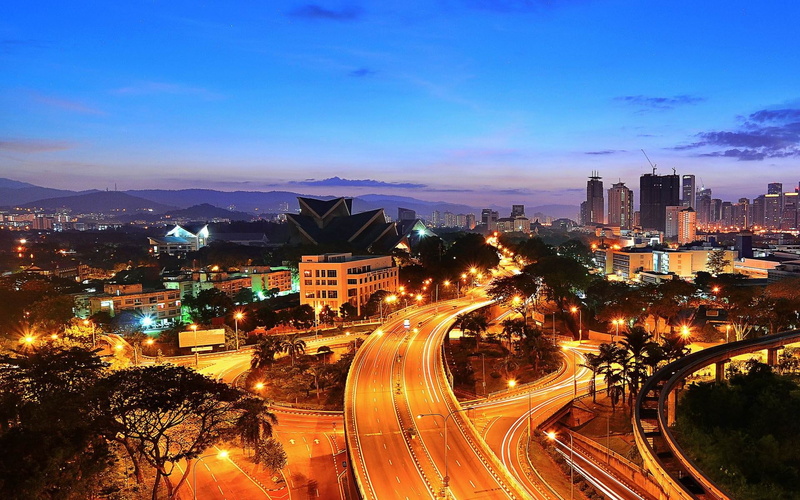 skyscraper, building, lumpur, outdoors, malaysia, road, kuala, light trail, night, office building exterior, tree, transportation, street, windows, 1080P