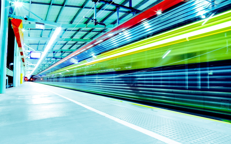 indoors, subway train, train, speed, modern, city, no people, built structure, glare, motion, direction, mode of transportation, public transportation