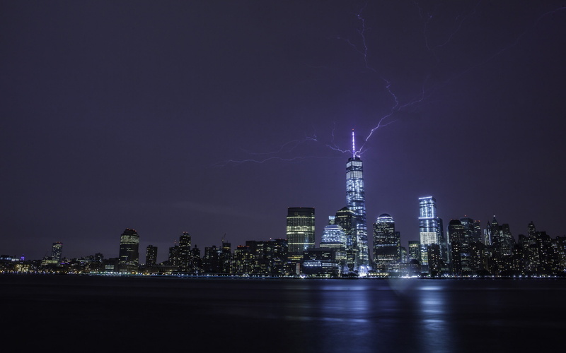 trade, office building exterior, power in nature, outdoors, purple, building exterior, lightning, 2K, no people, urban skyline, center, illuminated, waterfront