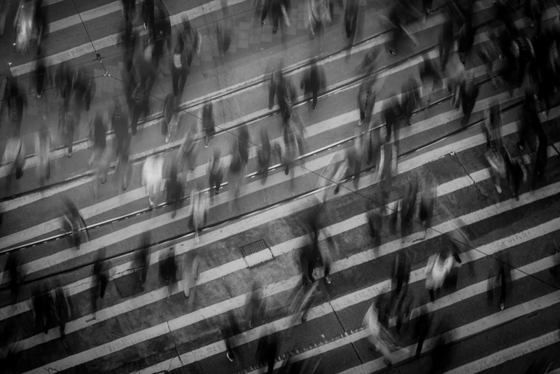 day, walking, city life, group of people, architecture, reflection, 4K, pedestrian crossing, black and white, high angle view, blurred motion, glass - material