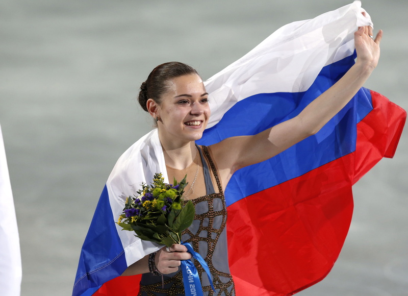 Sochi 2014, Olympic, flag, joy, Adelina Sotnikova, champion, The XXII Winter Olympic Games, 4K, bouquet, RUSSIA, skater, figure skating, sochi 2014 olympic winter games