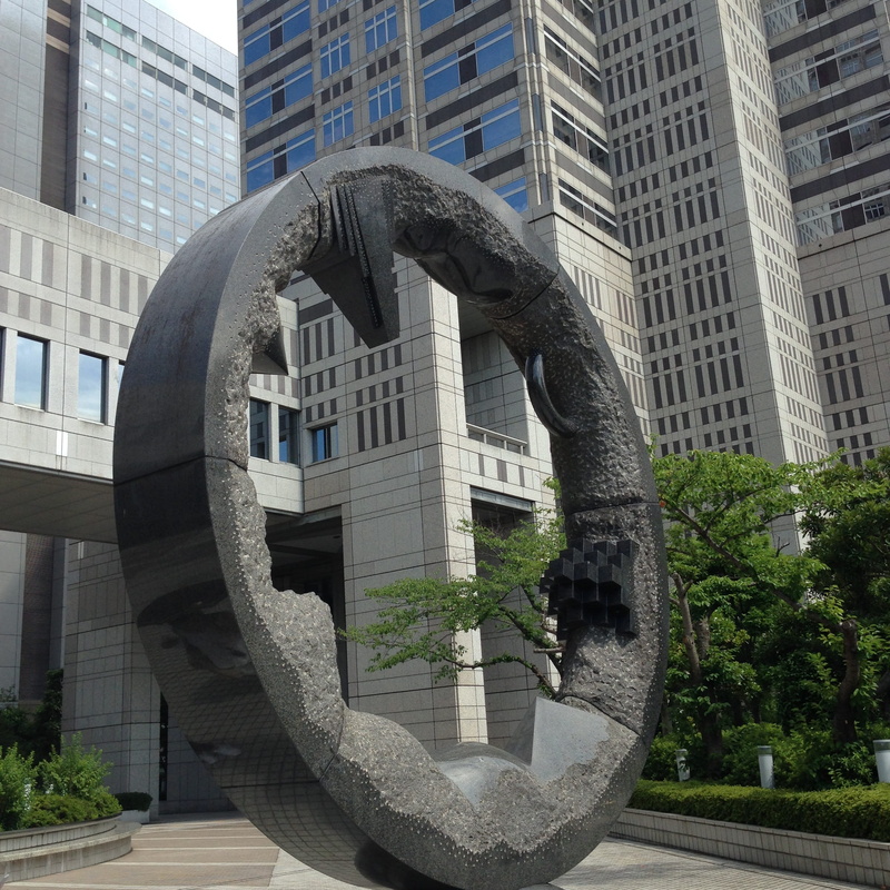 glass - material, architecture, reflection, granite, tokyo, modern, office building exterior, nobuo sekine, statue, nature, office, japan, day, built structure