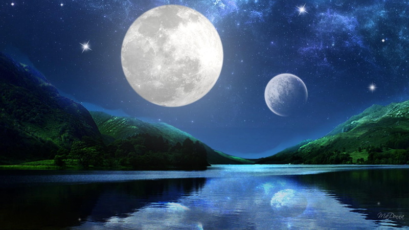 mountains, water, firefox persona, nature, sky, 1080P, stars, reflection, moon, cerulean, blue, planets, lake
