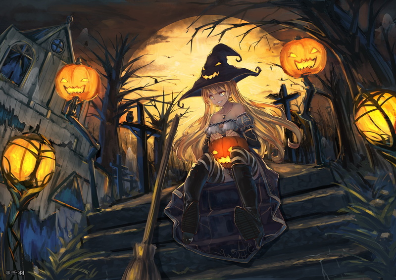 night, house, anime, creativity, lantern, lighting equipment, illuminated, the moon, smile, ladder, low angle view, representation, building, halloween
