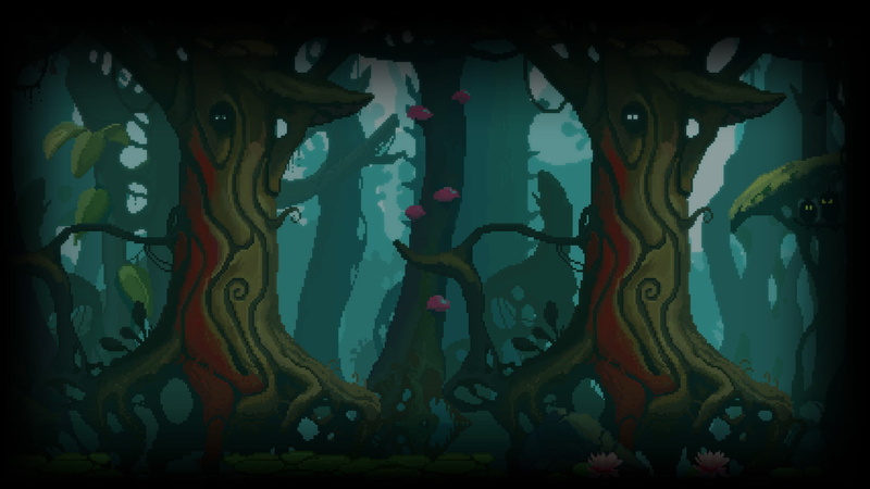 landscape, forest, digital art, mushroom, roots, nature, 1080P, pixels, trees, owl, pixel art, pixelated, branch, leaves, animal eyes, fantasy art