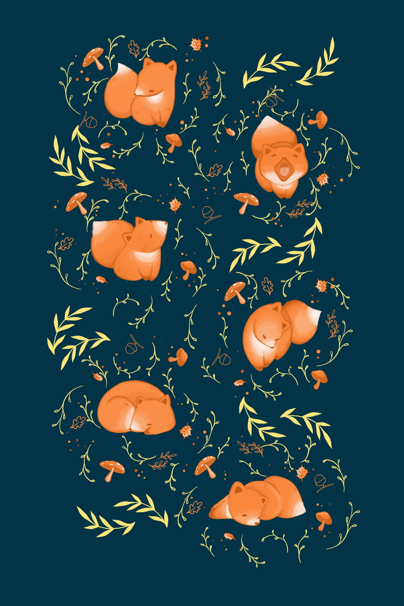 2K, pattern, branches, leaves, mushrooms, fox, acorns