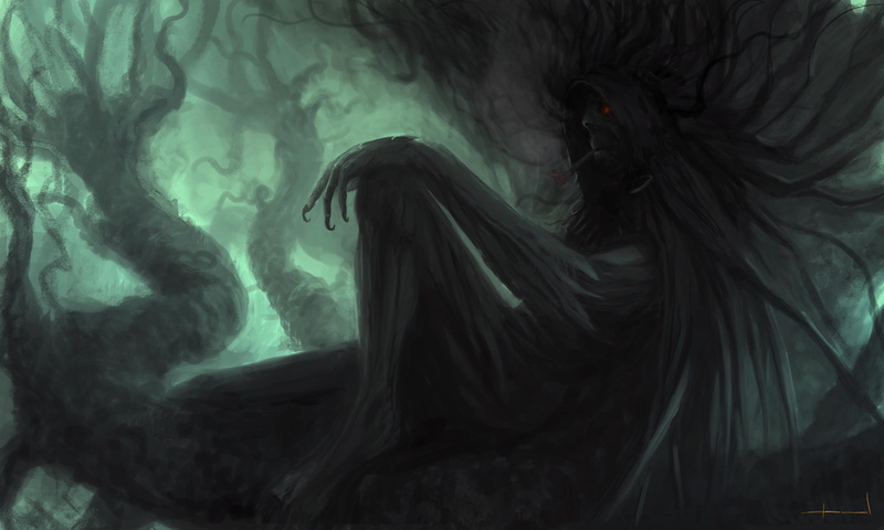 creepy, branch, 4K, red eyes, trees, digital art, creature, smoking, fantasy art, artwork
