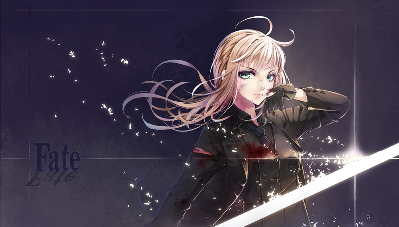 gloves, blood, wait, blonde, eyes, hair, torn, clothes, tie, sword, saber, long, fate, night, weapon, suit, stay, 1080P, green, zero