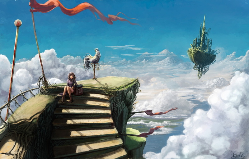art, 1080P, the sky, ladder, bird, height, ship, fantasy world, steps, girl, volatile, clouds, Luggage