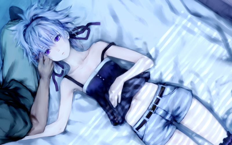 portrait, looking at camera, leisure activity, lying down, Darker than Black, one person, anime, real people, young women, indoors, adult, high angle view