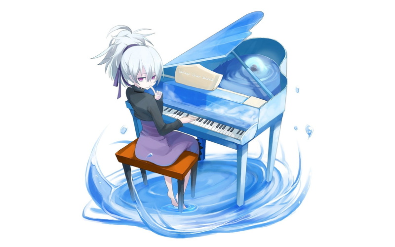 anime, women, blue, arts culture and entertainment, musical instrument, full length, piano, music, white background, 1080P, cut out, side view, indoors