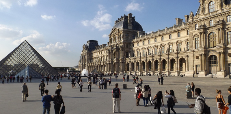 museum, building exterior, castle, history, group of people, men, city, pyramid, france, real people, louvre, facade, crowd, large group of people, glass pyramid