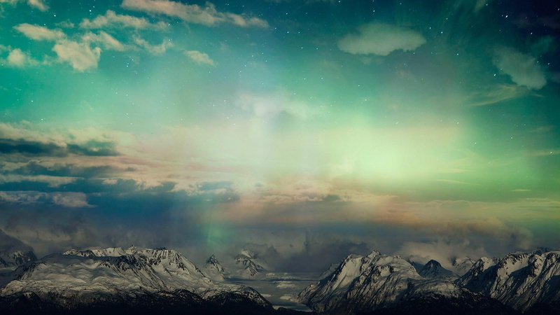 northern lights, snowy, starry sky, mountain range, nature, night lights, dramatic sky, cold temperature, scenics - nature, tranquil scene, snowcapped mountain