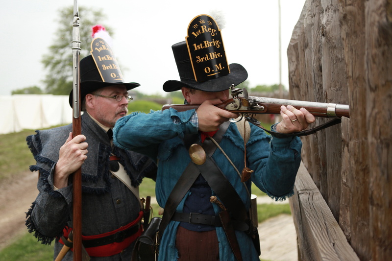 arms, military, two people, outdoors, infantry, re-enactment, standing, fort, reenactment, soldier, people, history, males, mature adult, actor, gun, adult