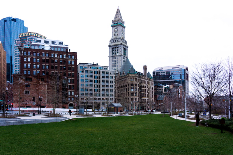 spire, built structure, city, tall - high, christopher columbus waterfront park, park, plant, boston, building exterior, skyscraper, clear sky, tree, building