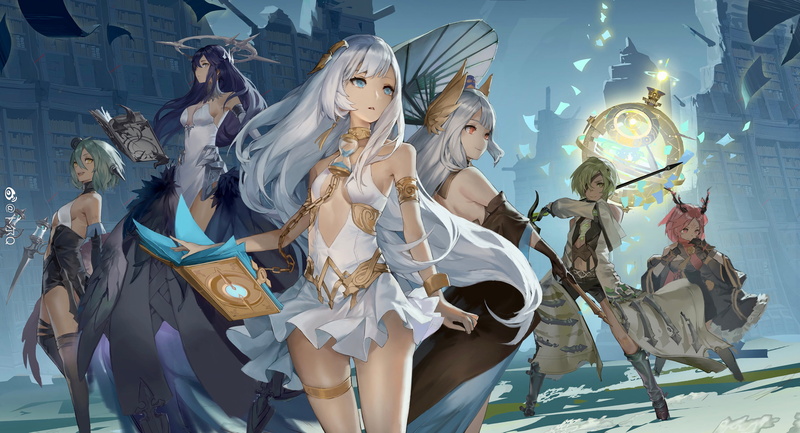 aqua eyes, dress, long hair, gray hair, umbrella, weapon, short hair, masterwork apocalypse, horns, 2K, blonde, magic, yellow eyes, pink hair, white hair