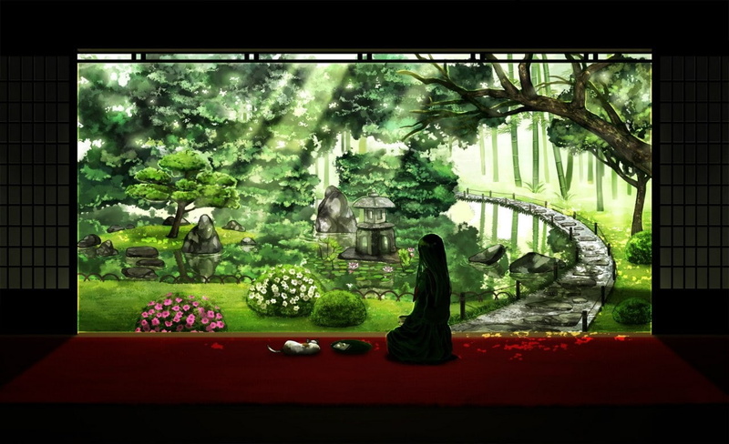 transfer print, tree, built structure, indoors, manga, nature, statue, representation, day, window, green color, art and craft, sculpture, creativity, no people