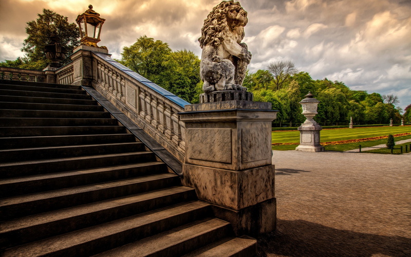 garden, stairs, sculpture, castle, 2K, lion