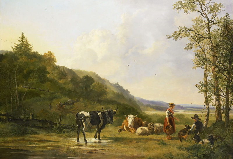 1080P, canvas, Pieter Gerardus van OS, picture, Landscape with Shepherds and Cattle, oil, animals