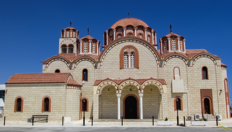 sky, built structure, church, orthodox, place of worship, ayia varvara, 4K, blue, religion, dome, day, cyprus, travel destinations, no people, nature
