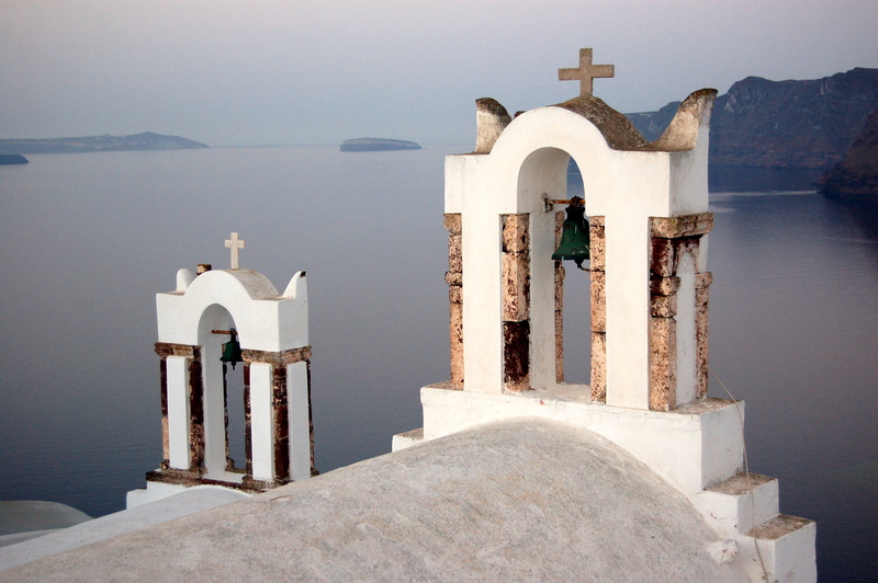 white, ocean, water, spirituality, building exterior, bell tower - tower, bell, religion, building, santorini, roof, christian, nature, daytime, architecture