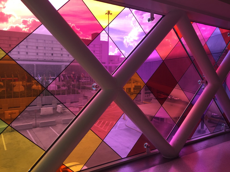 glass, design, multi colored, triangle shape, urban Scene, transparent, ceiling, purple, indoors, window, shape, metal, geometric shape, office Building