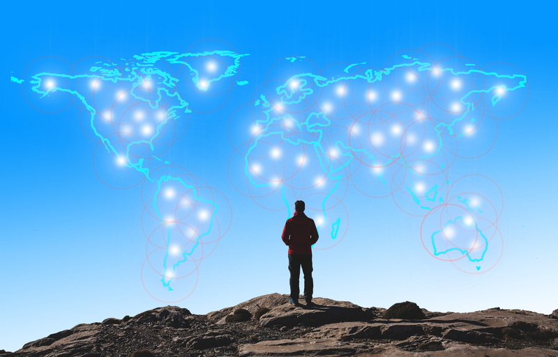 rock, outdoors, cloud - sky, standing, exploration, background, mountain, blue, world, man, one person, 4K, creativity, digital composite, looking, network