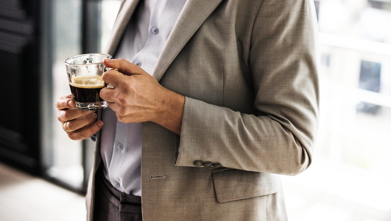 drink, food and drink, boss, hot drink, coffee break, drinking, profes, glass, standing, coffee, cup, coffee cup, cup of coffee, midsection, well-dressed