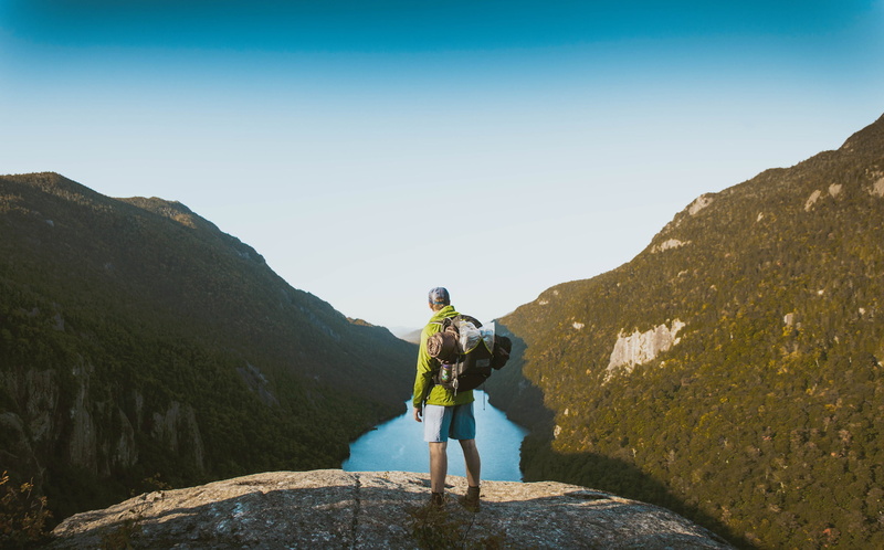 scenics - nature, clear sky, non-urban scene, looking at view, 1080P, activity, hike, mountain Peak, men, hiking, backpacker, sky, rear view, standing