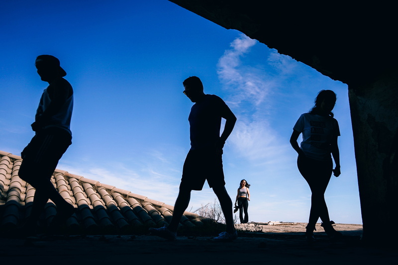 summer, group of people, full length, smiling, young adults, blue, millennials, diversity, effort, real people, friendship, happy, backlit, day, standing